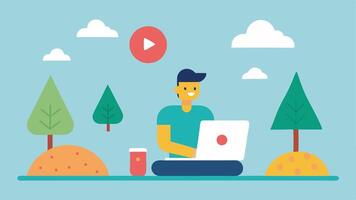 Outdoor Workspace A cheerful portrayal shows a person sitting on a picnic blanket in a park with a laptop open on their lap. The laptops screen features a large colorful. vector