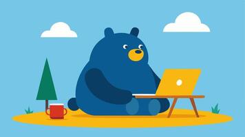 Picnic Productivity A jovial bear with a chunky build is perched comfortably at a picnic table typing energetically on a sleek laptop. Sunlight filters through the branches above. vector