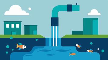 Water Drainage A corporate factory with pipes draining water from a lake into a waste dump with fish jumping out of the polluted area in apparent distress.. vector