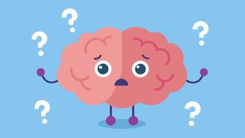Doubtful Brain A cartoon brain with a worried expression surrounded by question marks and hesitation symbols representing uncertainty about capabilities.. vector