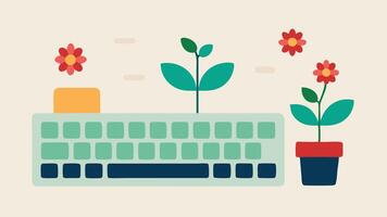 Keyboard as a Garden An overhead view of a computer keyboard where the keys have been rep with various flowering plants. The shift key is a larger flower pot while the letters are. vector