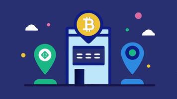 ATM Location Sign A stylized sidewalk sign indicating the location of a cryptocurrency ATM with icons of various popular digital currencies.. vector