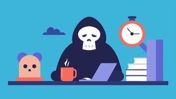 Messy Workspace In this illustration the Grim Reaper is seated at a cluttered desk piled with paper including a long scroll of names. His head rests in one hand and his expression. vector