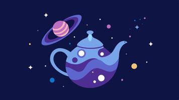 Galactic Tea Ceremony An elegant ornate teapot with intricate designs reminiscent of galaxies. As it elegantly pours an array of sparkling stars and tiny planets tumbles out like a. vector