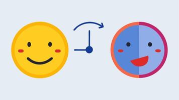 Clock Face A clock face with happy and sad emojis at different hours showing how emotions change over time but always come back to the same hour reflecting the baseline happiness. vector