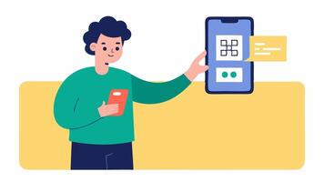 Mobile Payment Method A user scanning a QR code with a smartphone to complete a payment emphasizing the ease of using mobile technology for transactions.. vector