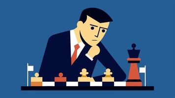 Chess Master An individual studying a chessboard with tactical expressions and pieces resembling people highlighting plotting and strategic thinking.. vector