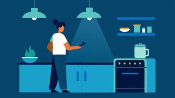 Kitchen Brightness A modern kitchen with adjustable undercabinet lights that brighten when cooking. A user is seen interacting with a mobile device showing cooking mode settings.. vector