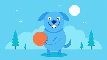 Happy Dog with Ball A cartoon dog holding a bright ball in its mouth its eyes sparkling with enthusiasm and a big smile showing its excitement. The scene is set against a light. vector