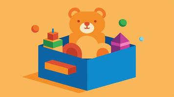 Childhood Toy Box A colorful toy box spilling over with toys like a bear building blocks and a spinning top evoking memories of carefree childhood days and simple joys.. vector