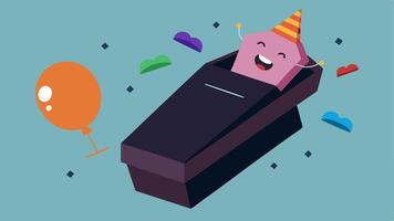 Joking Coffin A cartoonstyle coffin that has been humorously propped open to reveal a surprise party inside. Instead of a somber appearance colorful balloons and party hats spill. vector