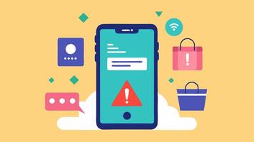 Alert Notifications An illustration featuring a smartphone displaying various alerts and notifications with a shopping app open indicating AIgenerated warnings for suious. vector