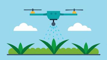 Irrigation Drone A drone is hovering over a crop field with a nozzle spraying a fine mist of water on the plants showcasing an automatic watering system.. vector