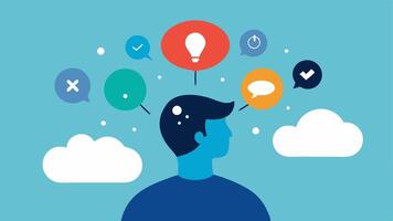 Thought Bubble Deflation A person with a large thought bubble filled with complex and meaningful ideas slowly deflating as its rep by tiny flashy icons ing distractions.. vector