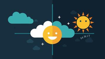 Clouds and Sunshine A split scene with dark clouds on one side labeled Negative Mindset and sunshine on the other side labeled Positive Mindset visually demonstrating how beliefs. vector