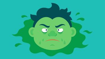 Extreme Disgust A face with crinkled nose furrowed brow and tightly pressed lips suggesting a strong aversion. The eyes are halfclosed with a frown. The illustration has green hues. vector