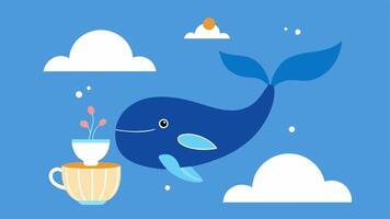 Tea Kettle Whale An imaginative illustration of a whale spouting hot tea instead of water from its blowhole. The whale is brightly colored with decorative patterns and small. vector