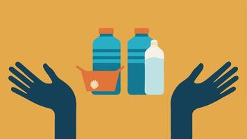 Welcoming Hands A pair of hands extending out with food and water bottles symbolizing help and compassion from locals to arriving refugees.. vector