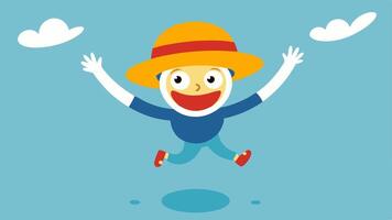 Inverted Perspective A cheerful person with a bright hat is upside down on the ceiling midstride with one foot raised playfully. Below them wideeyed children point upwards their. vector