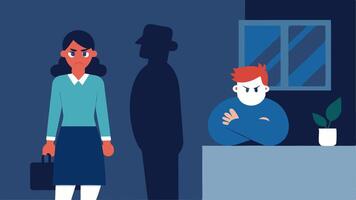 Hostile Work Environment An employee standing against a wall visibly anxious while a bully figure looms over them workplace harassment and negative treatment.. vector