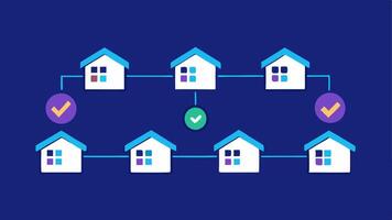 Blockchain Ledger with House Icons A simplified ledger screen showing rows of houses being added and marked as verified representing the recording of real estate transactions.. vector