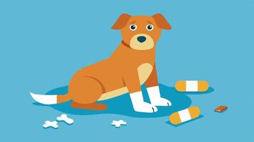 Injured Dog A dog lying on the ground with a bandaged leg looking up with hopeful eyes while surrounded by discarded items.. vector