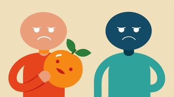 Bitter Fruit A person holding a bitter fruit representing resentment with a pained expression while another person holds a sweet fruit representing forgiveness with a joyful smile.. vector