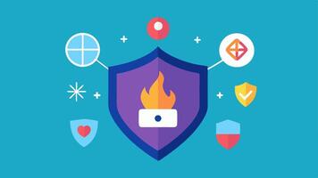 Content Shield A digital shield shaped like a computer screen with icons of harmful content like a flame a broken heart and a warning triangle bouncing off representing strong AI. vector