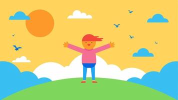 Sunrise Scene A playful character with a big smile stands on a grassy hilltop arms outstretched wide open towards a brilliantly colored sunrise. The character is wearing casual. vector