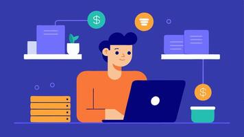 Laptop Management An individual working on a laptop at a desk showing a digital wallet UI with various cryptocurrency balances and transaction history on the screen.. vector