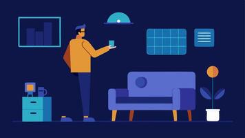 Home Shopping Setup A living room scene where a person interacts with an AR screen projecting various furniture or decor items visualizing how they would look in their home.. vector