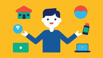 Juggling Responsibilities A person depicted juggling several items including a laptop a smartphone a baby bottle and house keys with a surprised expression on their face.. vector