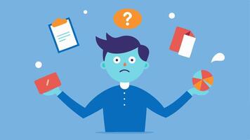 Balancing Act A character juggling various social invitations and personal responsibilities all while looking frazzled and anxious representing the struggle to make choices amid. vector
