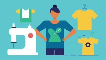 Upcycling Process An of a person creatively transforming an old tshirt into a stylish tote bag. Scissors sewing thread and a sewing machine are included in the. vector
