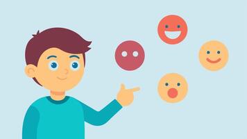 Emotion Faces A chart with different emojis showing various emotions happy sad angry scared. A child is pointing at the chart illustrating emotional awareness and expression.. vector