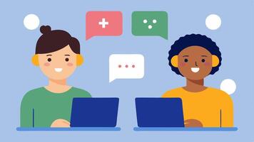 Language Pairing A scene where an AI matches students who are learning each others native languages showing them engaged in a call.. vector