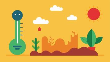 Heatwave Effects A simple of a thermometer reaching extreme temperatures with s of wilting plants and animals seeking shade.. vector