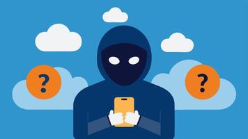 Masking Identity A masked figure with a smiley face icon holding a smartphone surrounded by a cloud of question marks symbolizing the anonymity of fake accounts.. vector