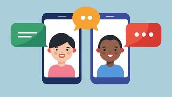 Interactive Translation App Two smartphones side by side showing a translation app in action with colorful speech bubbles. Characters are engaged in dialogue with smiles.. vector