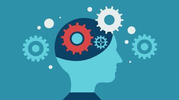 Perspective View of a Head An artistic perspective view of a persons head where the top half is transparent or missing revealing a network of gears and cogs actively rotating.. vector