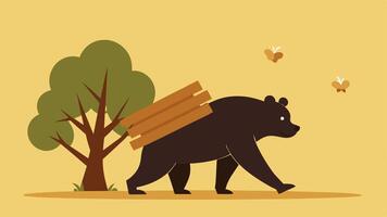 Gathering Materials The bear is seen dragging a stack of wooden planks towards a sy tree. The bee flitting above is gathering twigs and small branches which it carries back to the. vector
