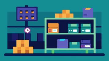 Inventory Management A stock room with organized shelves and a digital interface showing live inventory levels using blockchain to track items and restocking events.. vector