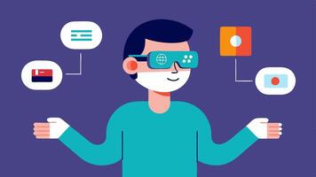 Gesture Recognition An illustration where the user makes a hand gesture to switch between languages emphasizing the intuitive controls of the smart glasses.. vector