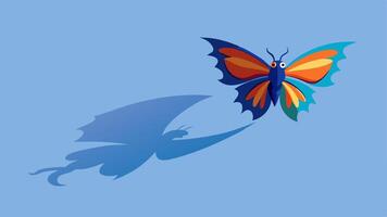 Playful Illusion A colorful butterfly dances through the air its wings shimmering in shades of blue and orange. As it approaches a plain lightcolored wall a dark shadow of a dragon. vector