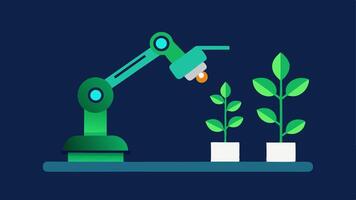 Growth Health Assessment A robotic arm scanning plants with a green light detecting their health and growth stage through AIpowered imaging.. vector