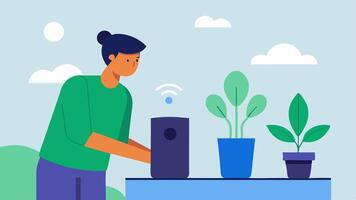 Gardening Tips Someone tending to their garden using a smart speaker on a table while asking their voice assistant for gardening advice.. vector
