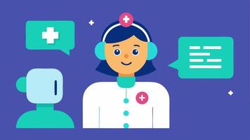Chatbot Education An illustration of a patient learning how to use the chatbot through helpful tips displayed on the chatbot interface styled like a tutorial guide.. vector
