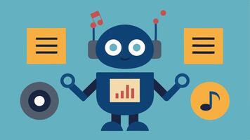 AI Music Librarian A friendly robot surrounded by musical notes and vinyl records gesturing toward a list of recommended songs tailored to the users tastes.. vector