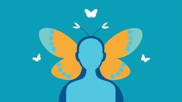 Butterfly Transformation A co representing a person in therapy and a butterfly emerging from it symbolizing transformation and the overcoming of limiting beliefs.. vector