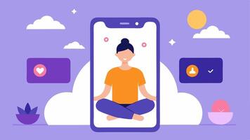 Meditation and Relaxation App An open mobile app displaying guided meditation sessions with calming images and AIrecommended sessions based on user moods.. vector